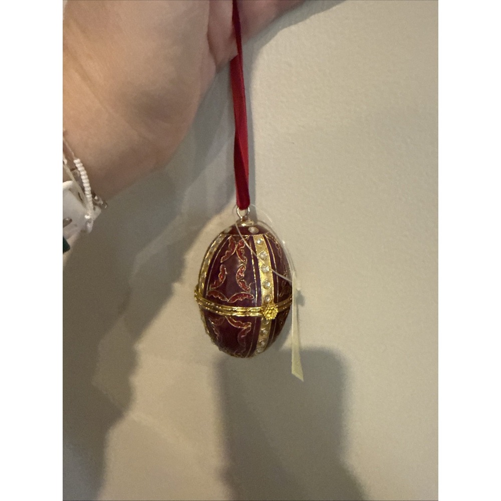 NEW‎ Cloisonne Enamel Egg Trinket Ornament Christmas New In Box 3.5" Red & Gold